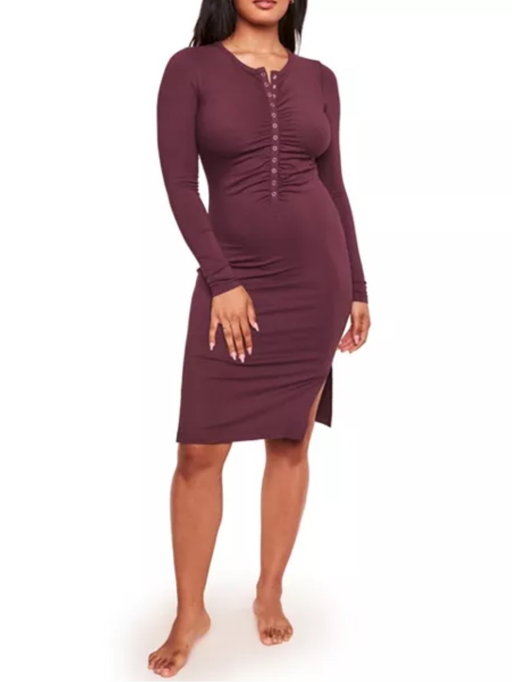 Adore Me Pearl Dress Small Burgundy Long-Sleeve Ruched Front Midi Henley Stretch